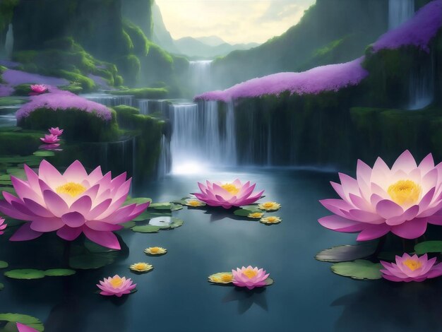 Lotuses in a river with moutain background Generative AI Illustration