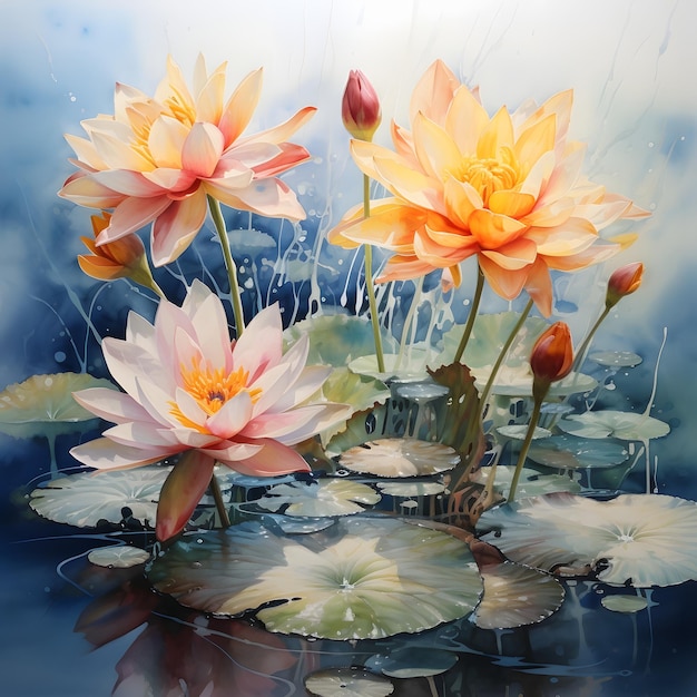 Lotuses Water lilies isolated on white background Watercolor Illustration Image Picture