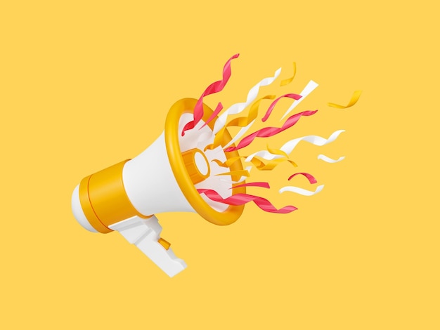 Loudspeaker with confetti d render yellow and white megaphone banner for announcement or advertising