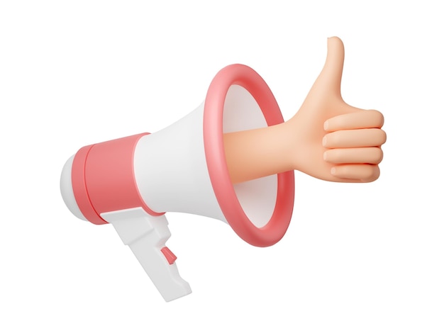 Loudspeaker with hand sticking out showing thumbs up sign 3d render illustration Pink and white megaphone with human arm with like symbol for review and approval concept