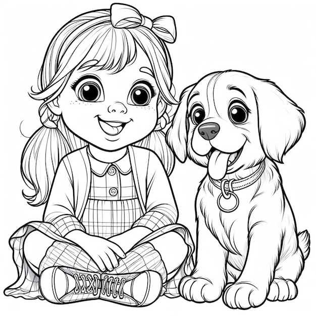 Louie dog sitting with girl coloring page ai generated