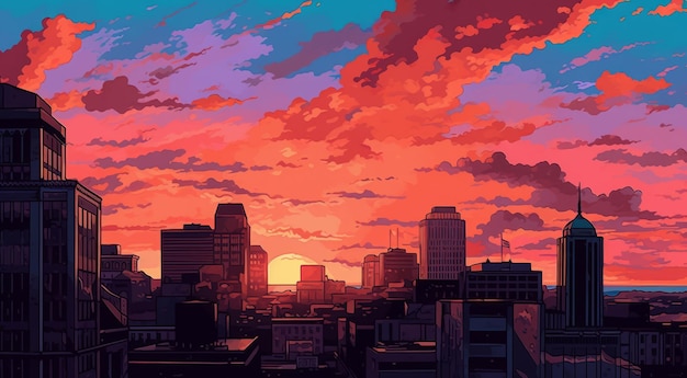 Louisville Sunset In Pixel Art Style