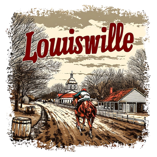 Louisville Text With Horse Racing and Bourbon Inspired Typog Watercolor Lanscape Arts Collection