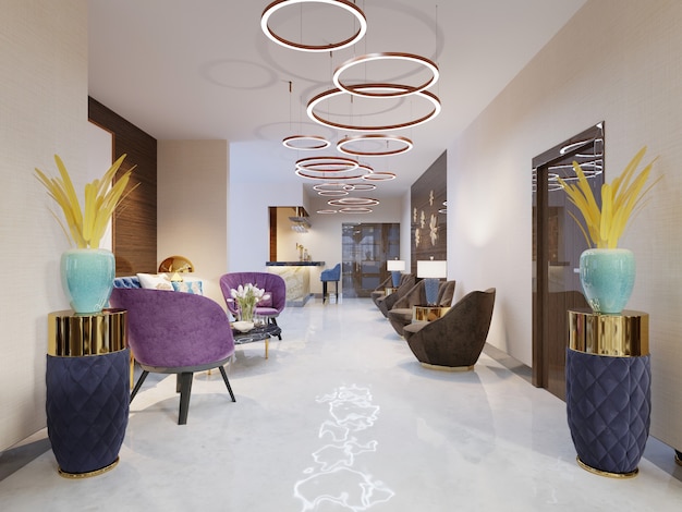 Photo lounge area of a hotel, club, company lobby. fragment of the modern lobby of the five stars hotel. 3d rendering