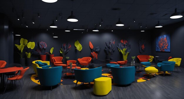 Photo a lounge area with a colorful wall with a black background and a colorful couches and chairs.