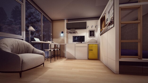 lounge of cabin with warm atmosphere 3d rendering