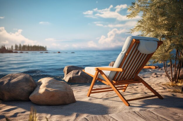 Фото Лежачий стул у воды, изображающий чистое спокойствие.