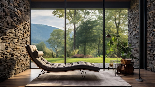 Lounge chair near wild stone cladding wall and window