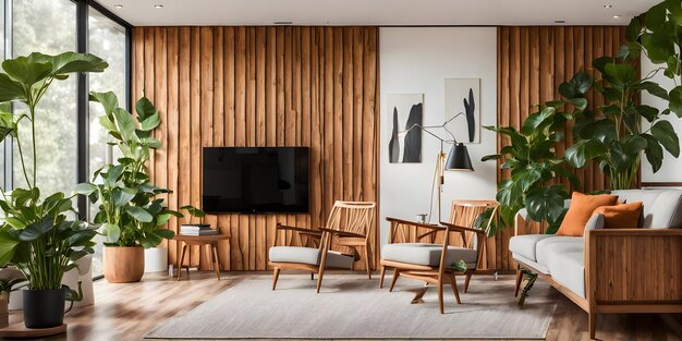 Lounge chair near wood paneling wall between potted houseplants modern living room