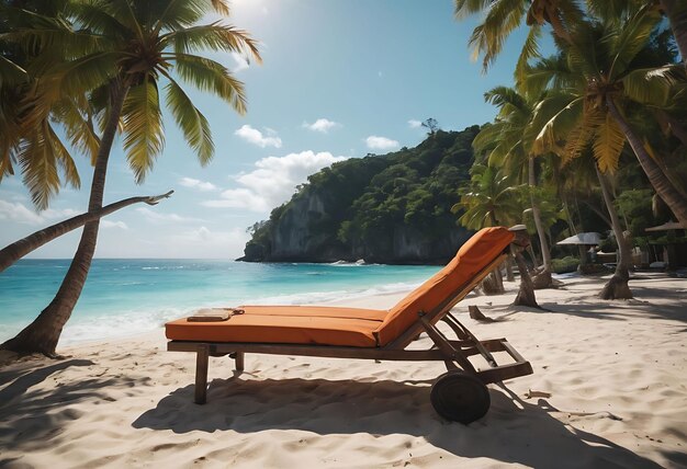 라운지 의자가 배경에 나무와 함께 해변에 앉아 있습니다.