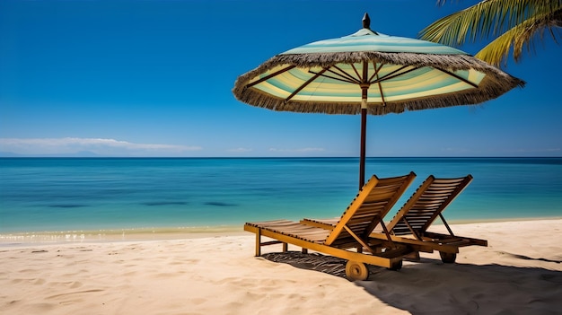 lounge chairs on the beach sunbath by a tropical sun under the palm trees and umbrellas