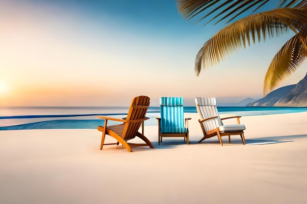 Lounge chairs on a beach with a palm tree in the background