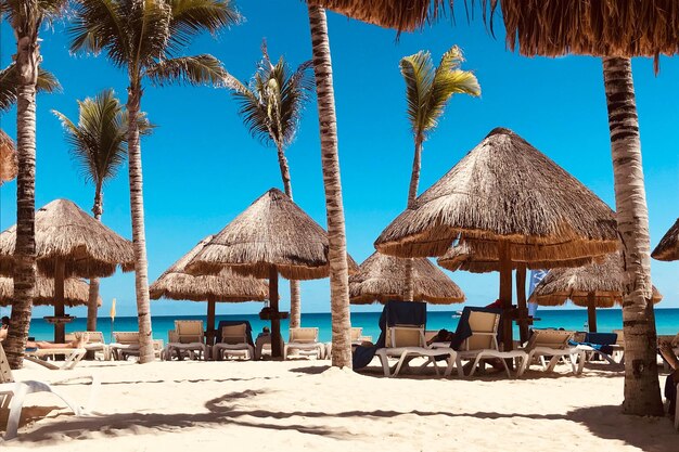 Lounge chairs and parasols on sand at beach against sky