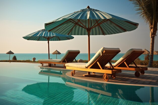 lounge chairs and umbrellas are lined up in a pool.