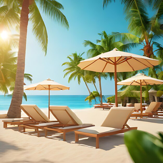 Photo lounge chairs and umbrellas on a beach with palm trees in the background