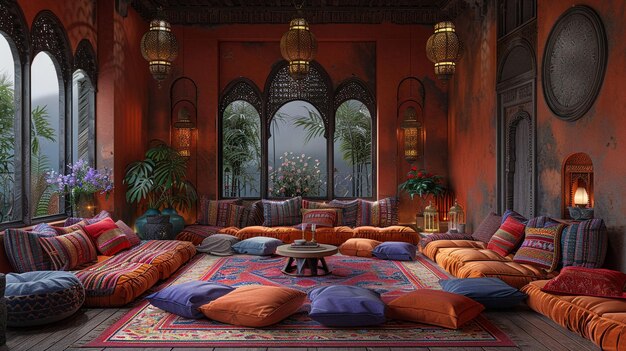 Lounge in Marokkaanse stijl met kleurrijke lantaarns