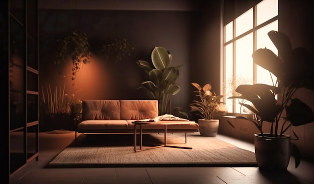 A lounge interior with a plant and other furniture