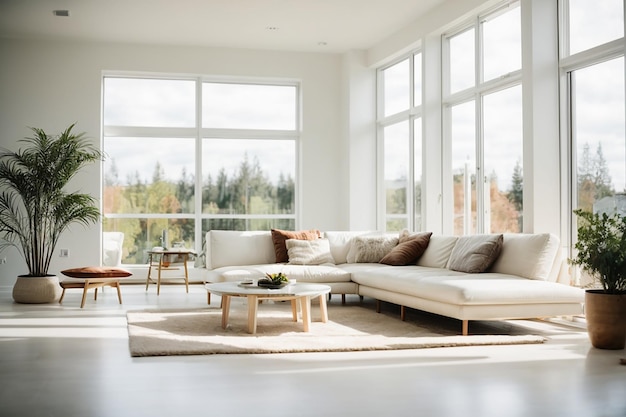 Lounge near glass window in white living room of modern scandinavian house