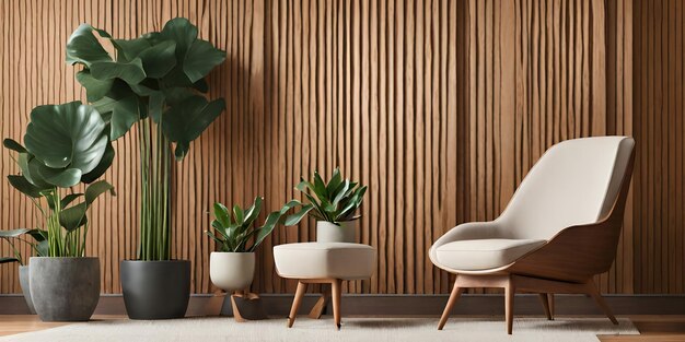 Foto lounge stoel in de buurt van hout panelen muur tussen potten huisplanten moderne woonkamer