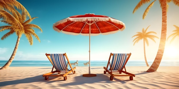 lounge stoelen op het strand zonnebaden door een tropische zon onder de palmbomen en paraplu's