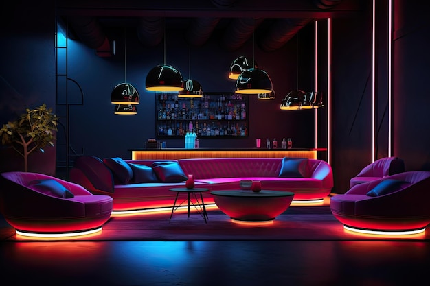 Lounge Vibes 3D-rendering van een chique nachtclubbar met omgevingsverlichting en een assortiment dranken