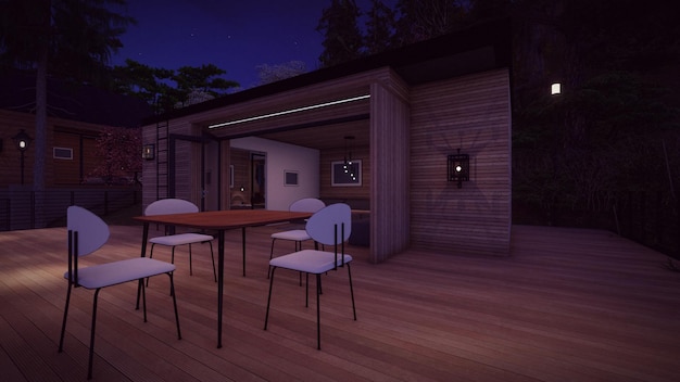 Lounge with table and chair on the timber deck at modern wooden house in the night 3d illustration