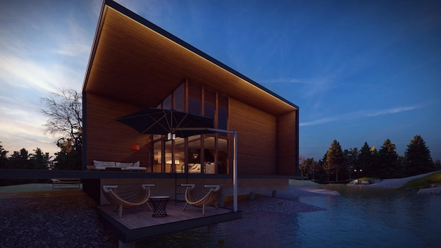 Salotto di casa in legno in stile moderno nel rendering 3d lato fiume