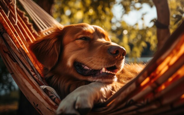 Foto loungen in een hangmat met je hond generatieve ai