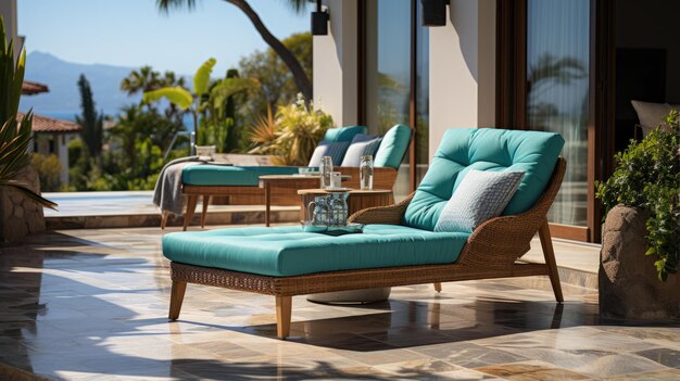 Foto loungestoel op het terras bij het zwembad en de tuin in een luxe villa aan het strand