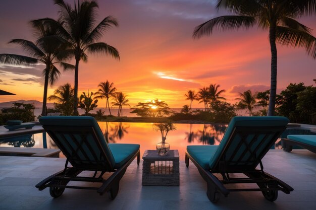 Foto loungestoelen aan het zwembad met zee en zonsondergang op de achtergrond