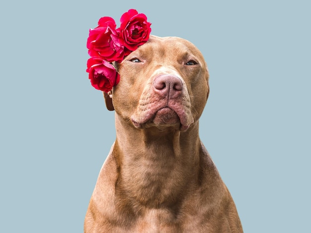 愛らしいかわいい茶色の子犬と明るい花