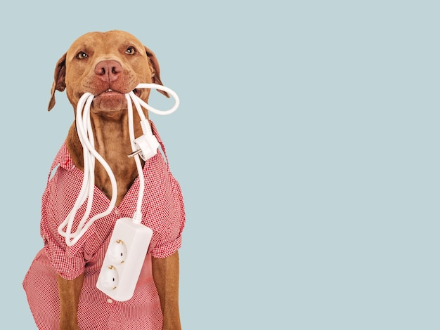 Lovable pretty brown puppy and extension cord Closeup indoors Studio photo Pets care concept