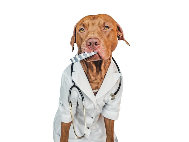 Lovable pretty puppy wearing a doctor's coat