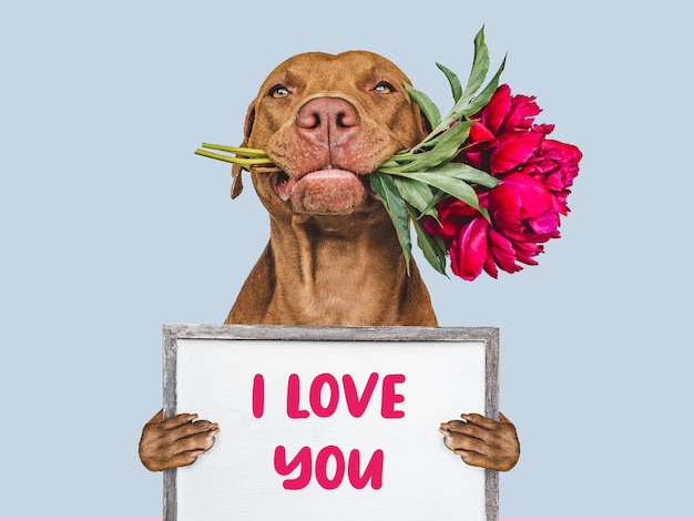 Lovable puppy and a bouquet of flowers