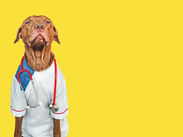 Lovable puppy dressed in a doctor's coat