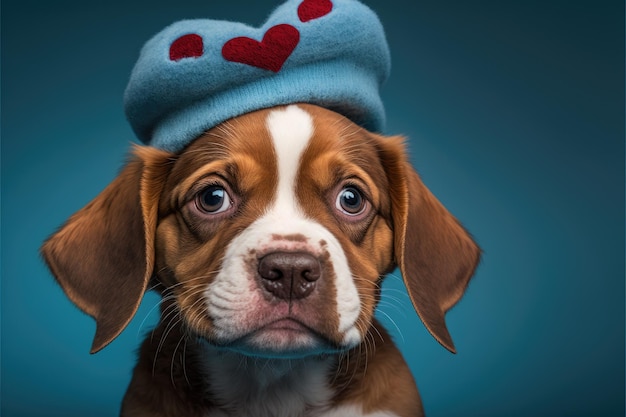 Lovable puppy with heart shaped funny hat Closeup indoors Color background Concept of love and terness Generative AI