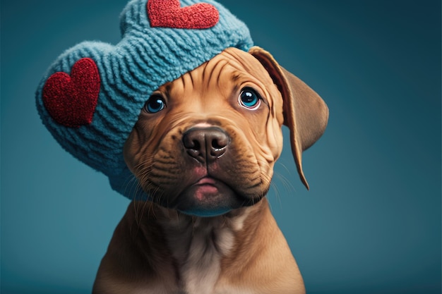 Lovable puppy with heart shaped funny hat Closeup indoors Color background Concept of love and terness Generative AI