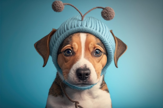 Lovable puppy with heart shaped funny hat Closeup indoors Color background Concept of love and terness Generative AI