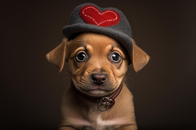 Lovable puppy with heart shaped funny hat Closeup indoors Color background Concept of love and terness Generative AI