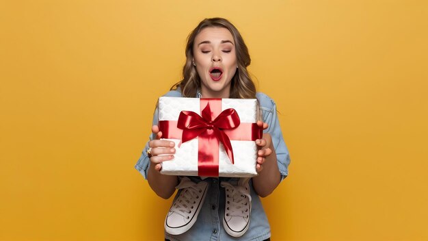 Lovable young woman in white sneakers posing with present box