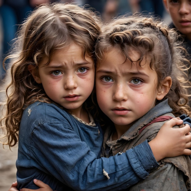 Foto amore in mezzo all'avversità orfani di guerra che abbracciano la speranza