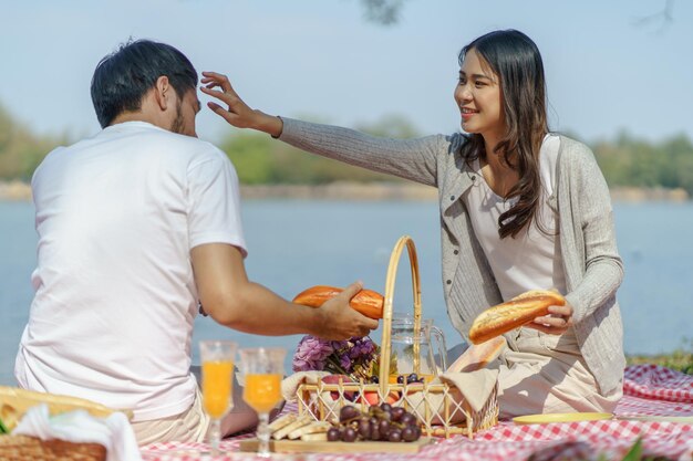 愛するアジア人カップルが公園でピクニックを楽しんでいます ピクニックの幸せなカップルがピクニックバスケットで一緒にリラックスしています