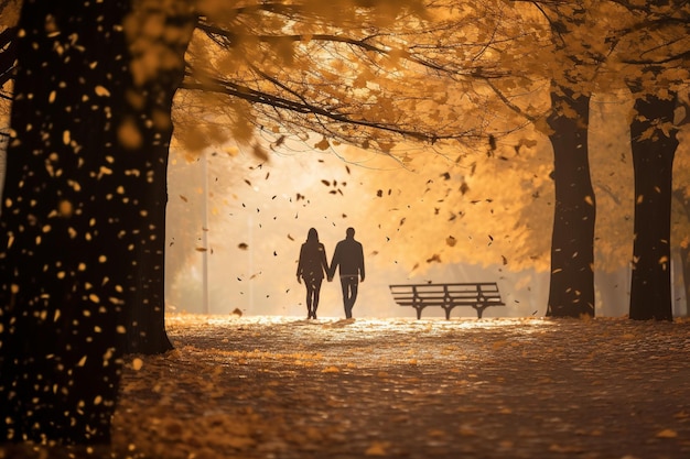 가을의 사랑 단풍 속을 걷는 커플의 고요한 산책