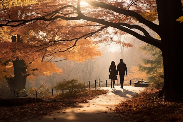 가을의 사랑 단풍 속을 걷는 커플의 고요한 산책