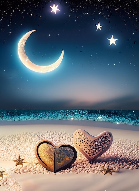 Love on the beach Beautiful night scene sky with some Love stars