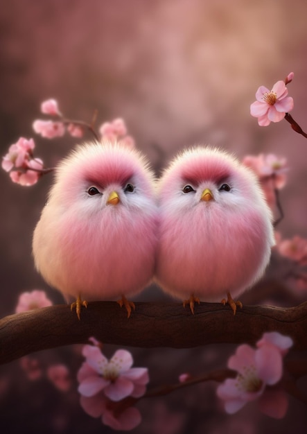 愛の鳥 ピンクの花と枝にピンクの鳥が座っています。