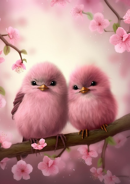 Photo love birds a pink bird sits on a branch with pink flowers