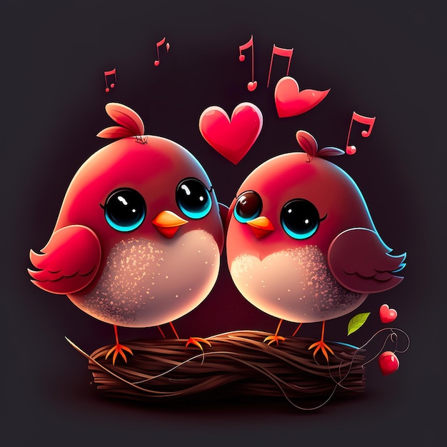 Love birds red hearts Valentine's day postcard Generated AI illustration