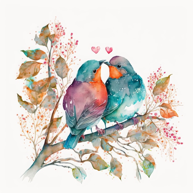 愛の鳥バレンタインデーの水彩画アート