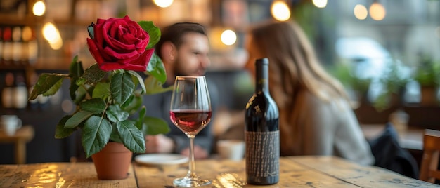 Love in Bloom A Couples Romantic Interlude in a Quaint Cafe Accentuated by a Red Rose Creating a Perfect Moment for Valentines Day